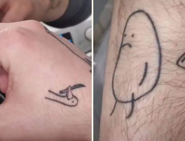 Collection of tiny stick figure tattoos including a small figure holding a knife.