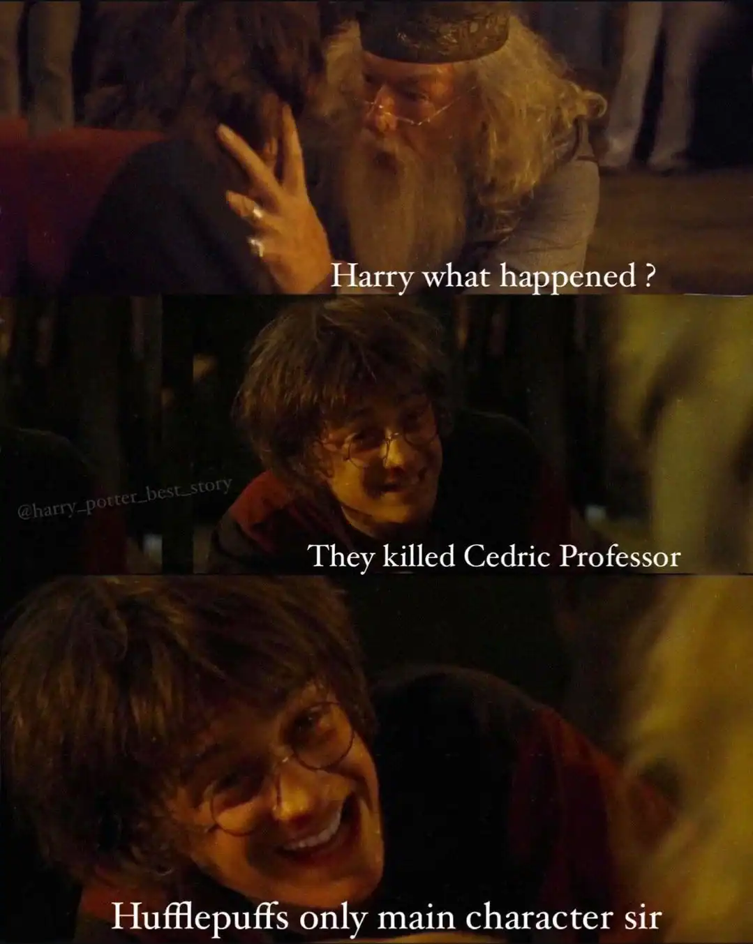 three-panel movie still edit where Harry tells Dumbledore about the tragedy at the end of the Triwizard Tournament. The punchline has Harry callously remarking that "they killed Cedric... Hufflepuffs only main character sir."