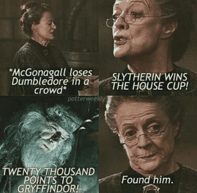 A four-panel comic showing McGonagall using a "Slytherin wins" announcement as a beacon to find a lost Dumbledore in a crowd. He immediately appears, screaming "TWENTY THOUSAND POINTS TO GRYFFINDOR!" to reclaim the lead.
