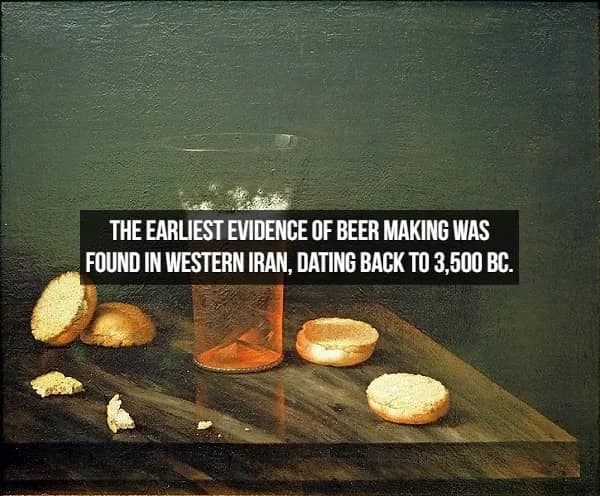 classical oil painting features a half-full glass of amber brew surrounded by crusty bread rolls. The caption highlights the deep roots of beer facts: "The earliest evidence of beer making was found in western Iran, dating back to 3,500 BC."