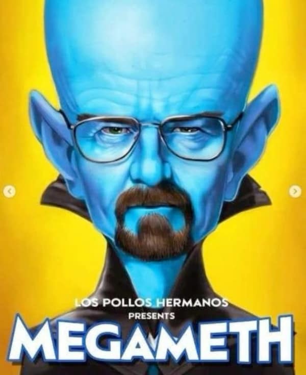 n animated mashup funny fake movie poster titled "MEGAMETH." It features Walter White from Breaking Bad reimagined as the Dreamworks character Megamind, complete with a massive, bulging blue cranium, his signature goatee, and glasses. The poster is presented by "Los Pollos Hermanos."