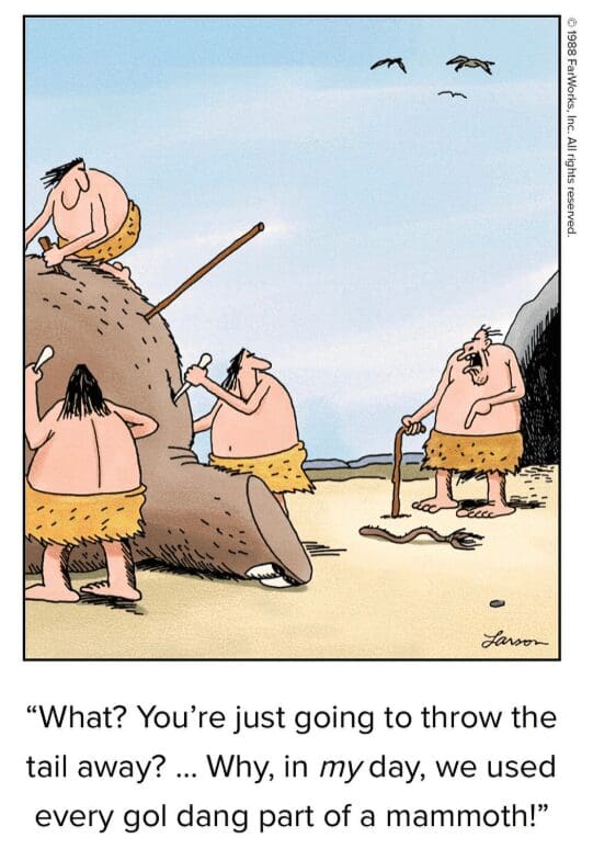 In this prehistoric far side comic, a group of cavemen is busy butchering a woolly mammoth. An elderly caveman with a stick watches with disapproval, yelling, "What? You're just going to throw the tail away? ... Why, in my day, we used every gol dang part of a mammoth!"