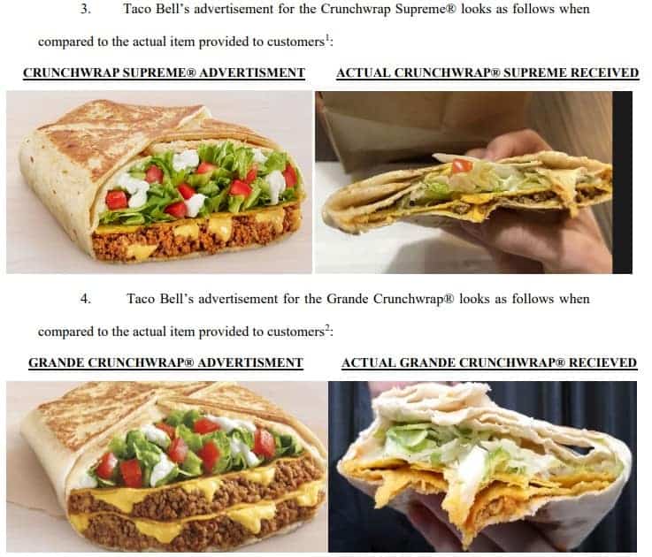 Comparison of Taco Bell Crunchwrap Supreme advertisements versus the thin, squashed items received by customers.