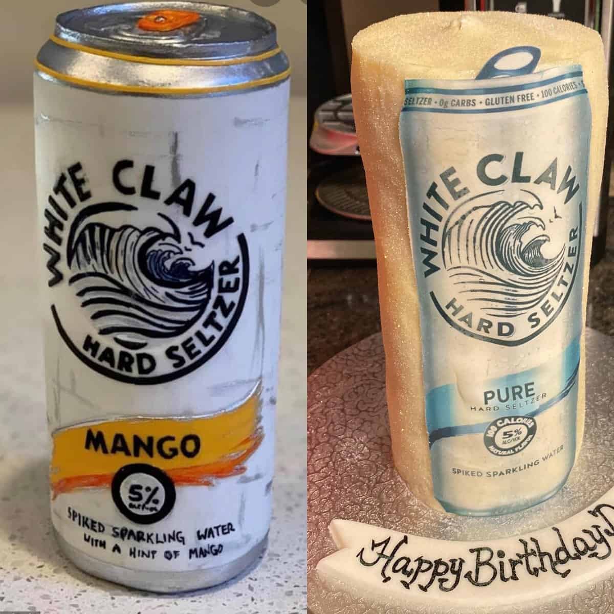 A birthday cake designed to look like a White Claw hard seltzer can with realistic details.