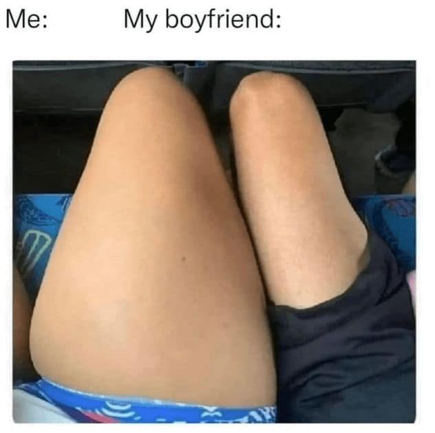 A humorous funny body positive meme comparing a thick leg to a boyfriend's thinner leg, highlighting the common "thick girl, skinny boy" relationship dynamic.