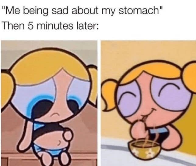 relatable body positivity meme using Bubbles from The Powerpuff Girls to show the quick transition from feeling insecure about a stomach to joyfully devouring a bowl of noodles.