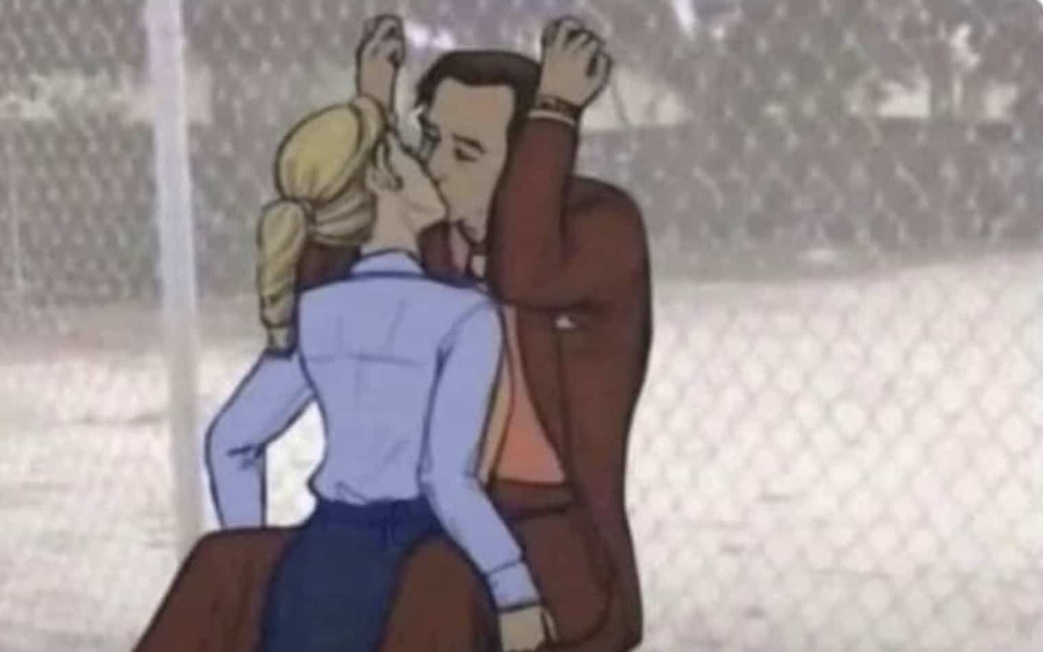 Illustration of a couple in business attire sharing a romantic kiss against a chain-link fence.