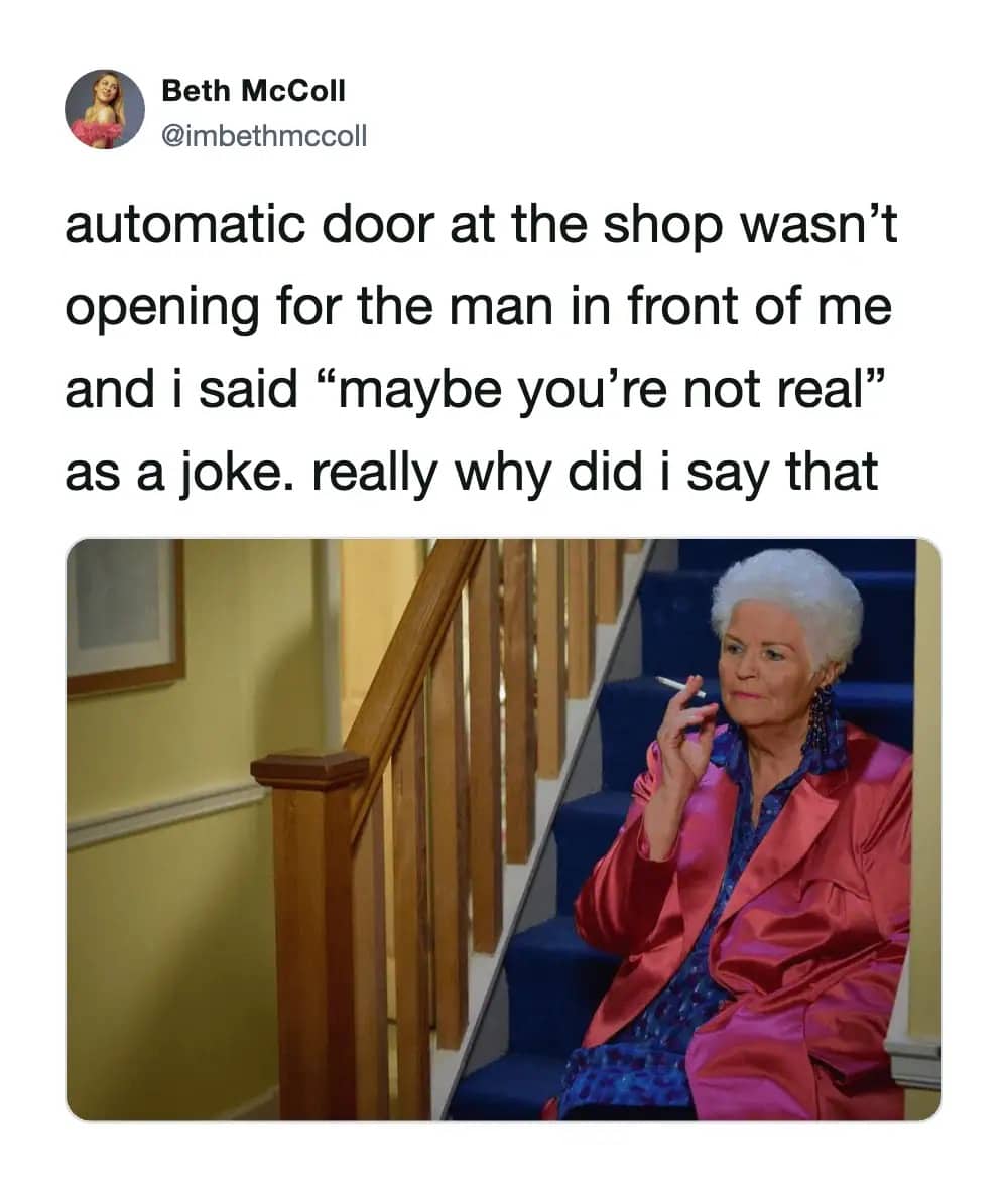 Social media post about a socially awkward moment at a shop with a smoking woman.