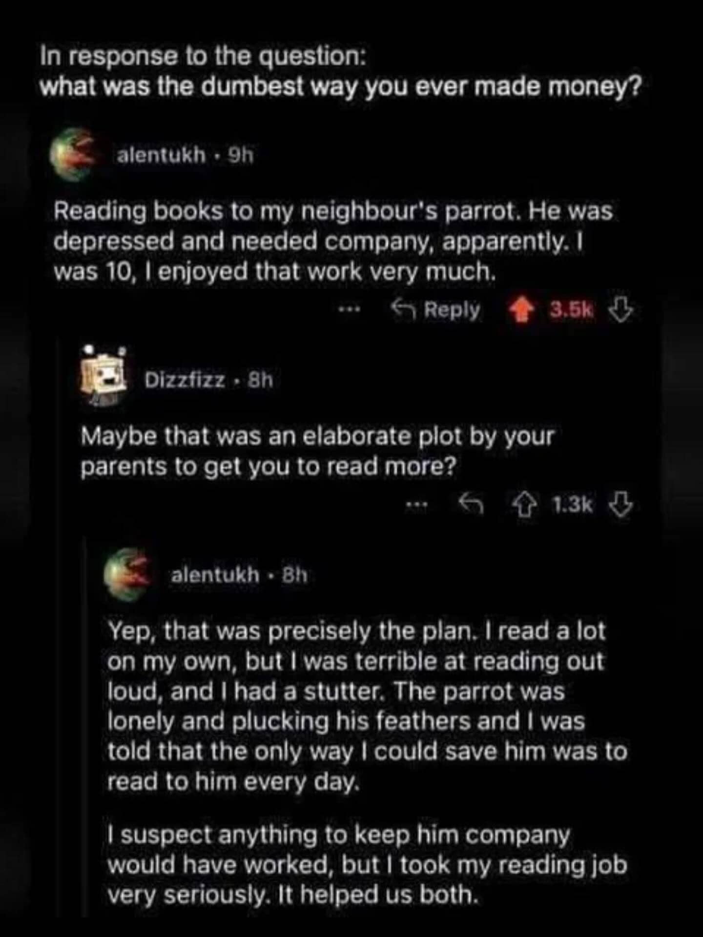 Heartwarming Reddit thread about a person being paid to read books to a lonely parrot.
