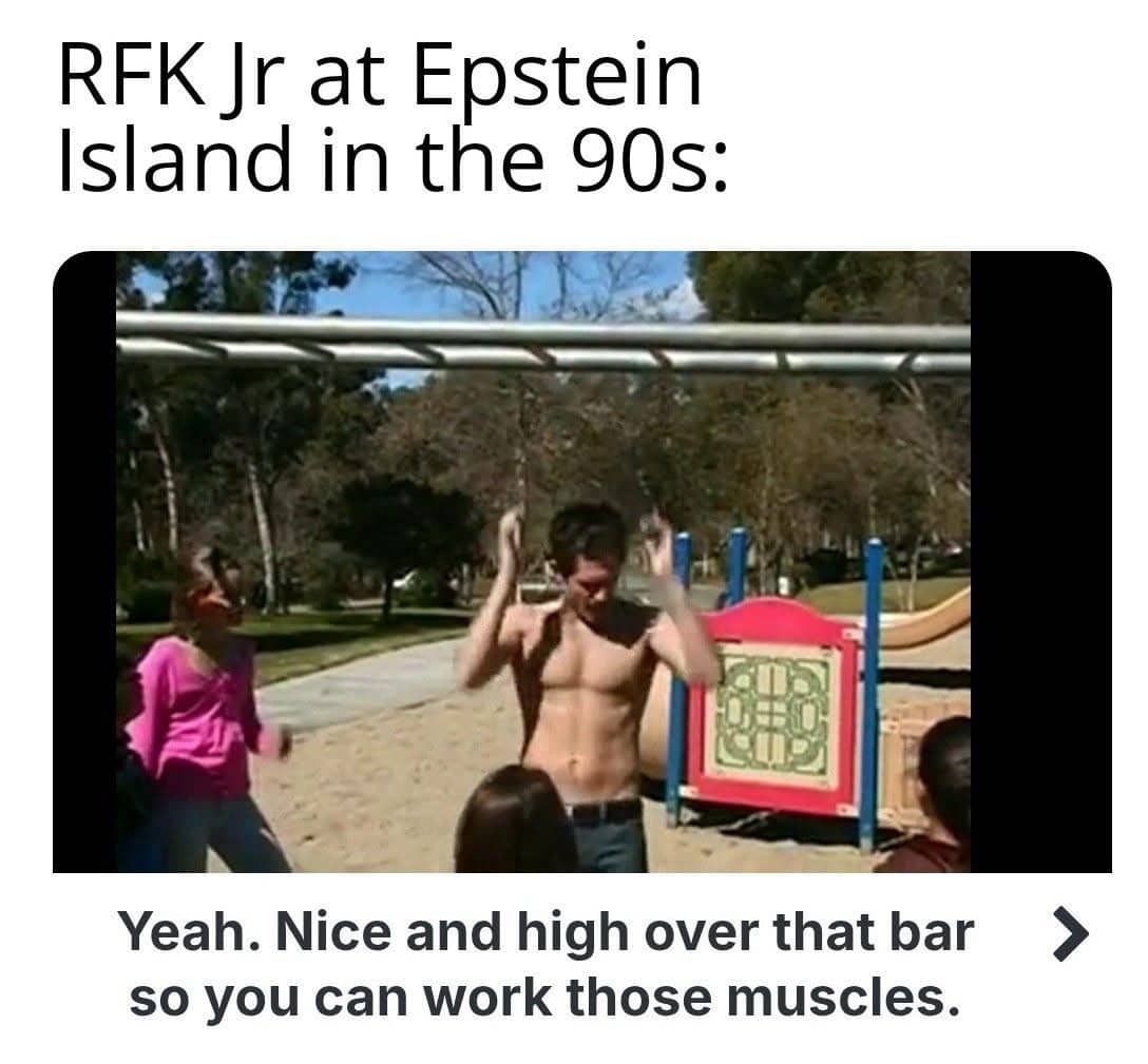 A political meme showing a person at a playground with a controversial headline about RFK Jr.