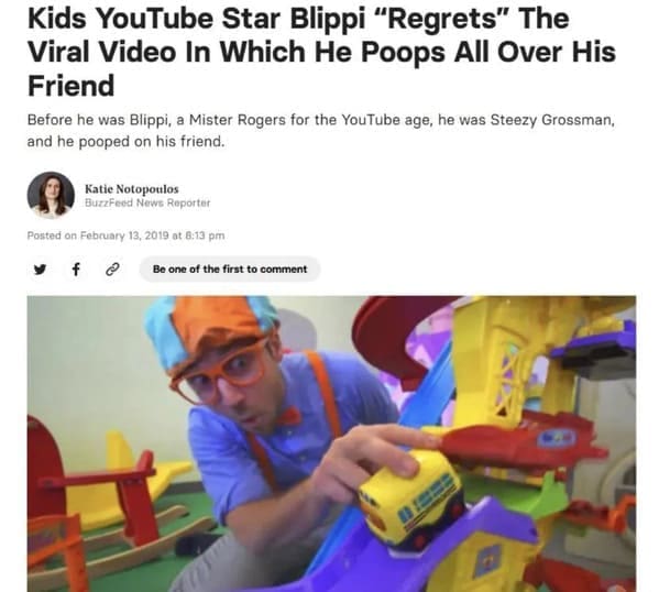 BuzzFeed article screenshot about YouTube star Blippi regretting a viral video from his past career.