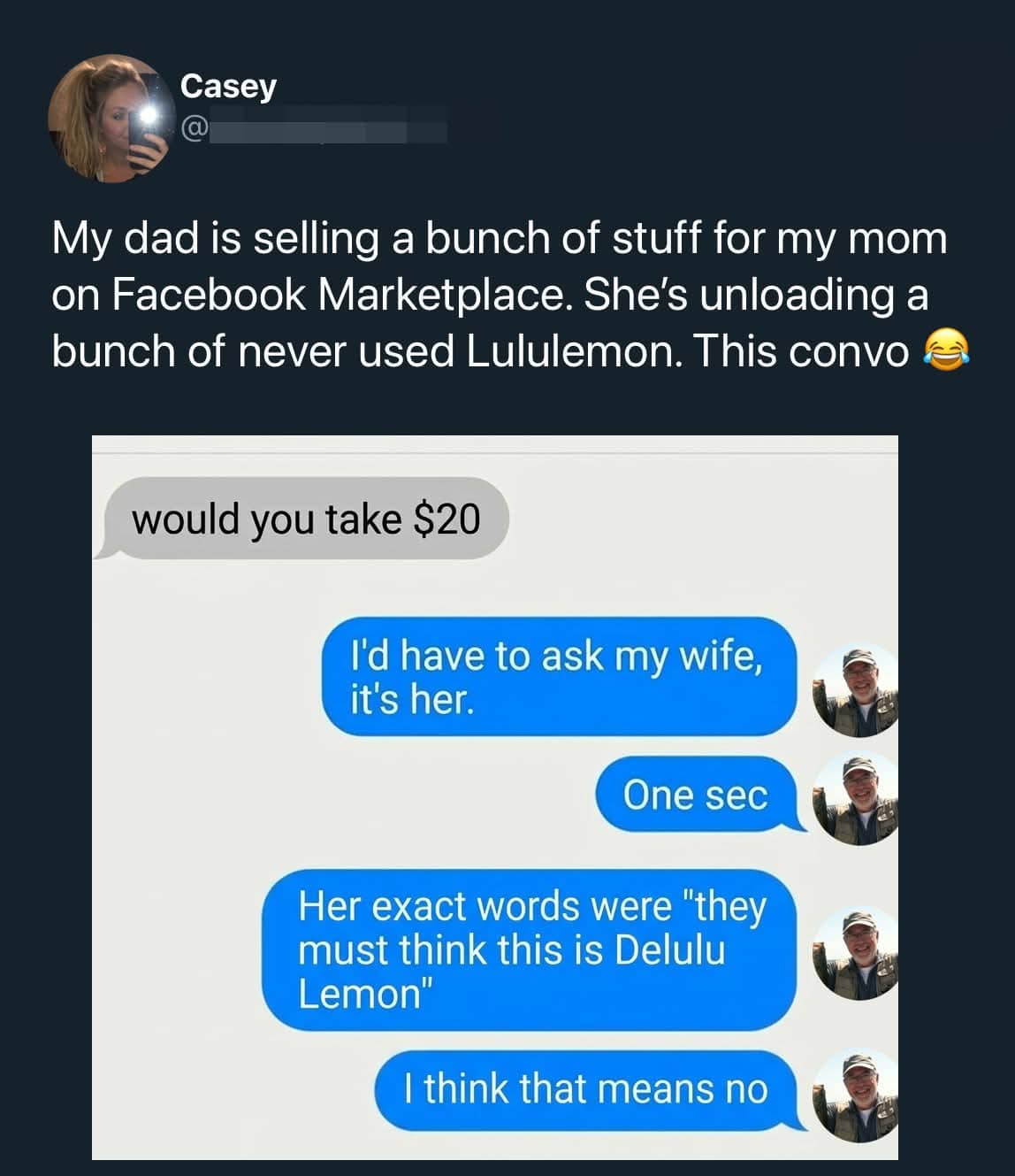 Funny text message exchange where a dad uses the pun Delulu Lemon to reject a low offer.