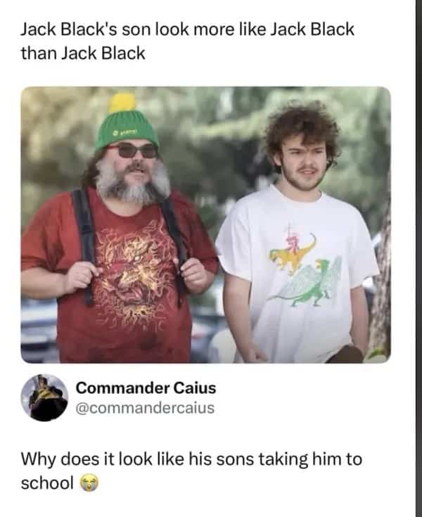 Jack Black and his son walking together with a humorous caption about their strong resemblance.