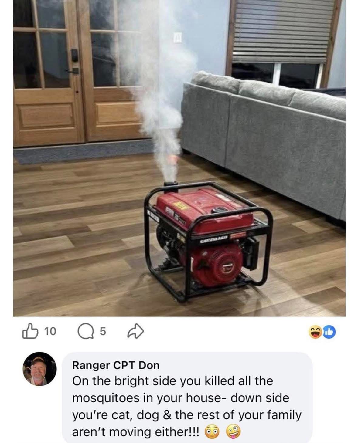Facebook comment joking about carbon monoxide poisoning from running a power generator inside a house.