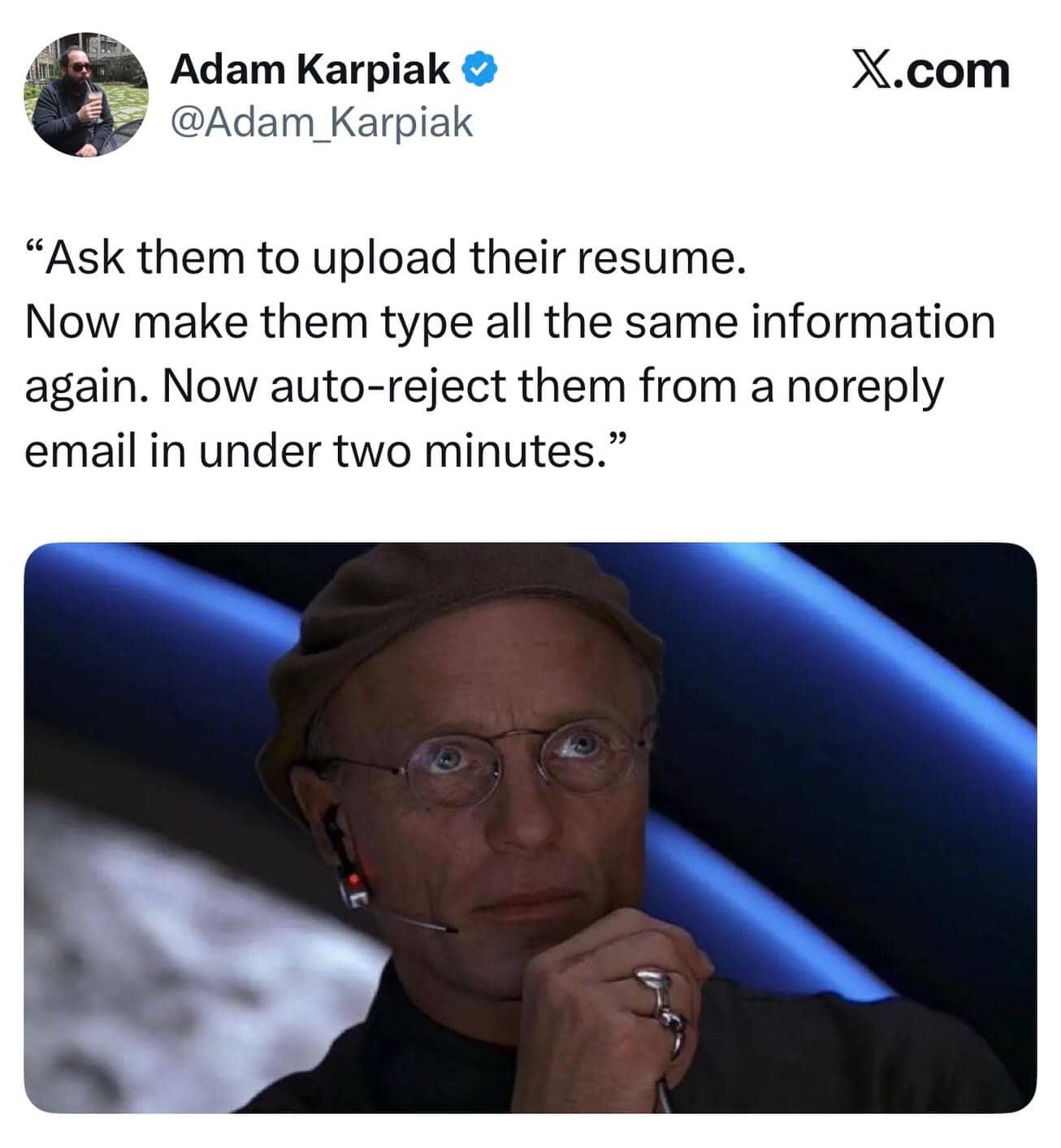 Satirical post about the frustrating process of re-entering resume data and getting auto-rejected.