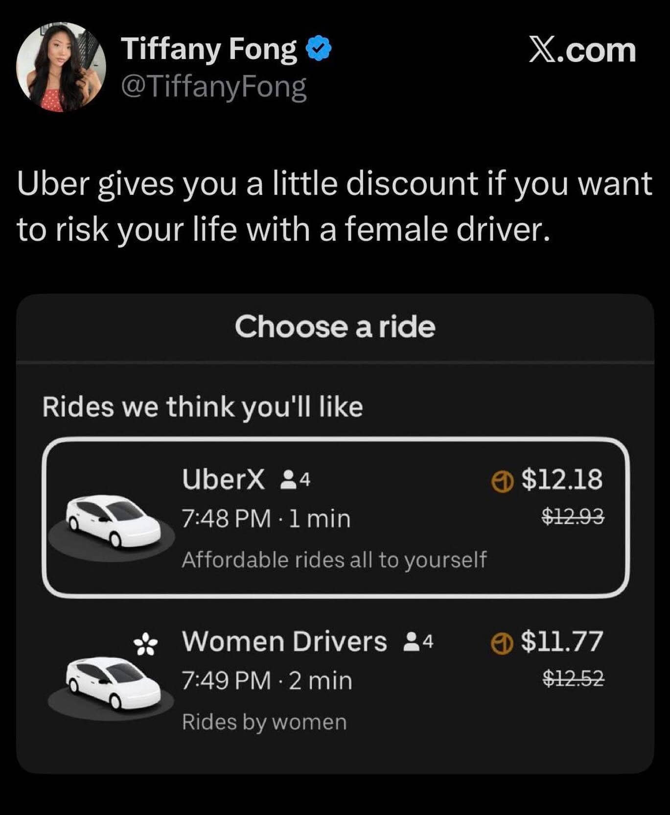 Screenshot showing a price discount for choosing women drivers on a ride-sharing app.
