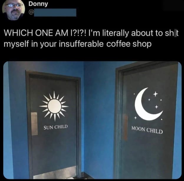 Viral post criticizing confusing gender neutral bathroom signs labeled Sun Child and Moon Child.