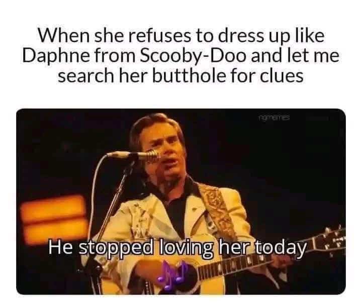 Country music meme featuring George Jones with a crude joke about dressing up as Scooby-Doo characters.