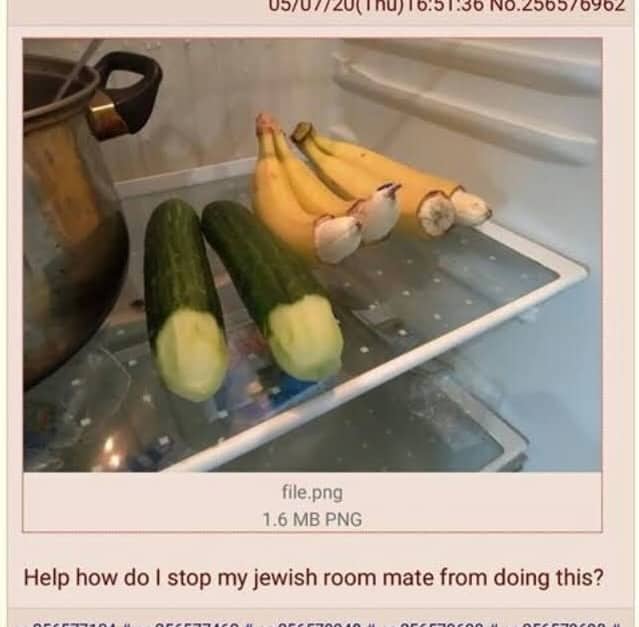 Refrigerator shelf containing cucumbers and bananas with the tips peeled off, featured in a social post.