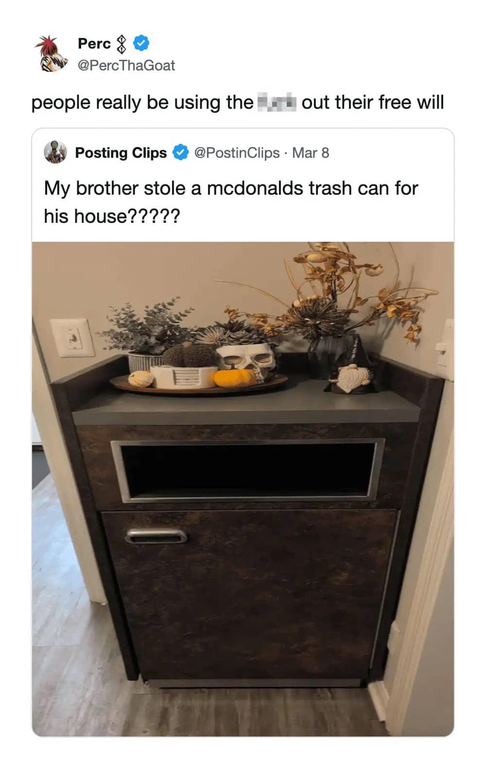 Social media post showing a stolen McDonald's trash can repurposed as a piece of home furniture.