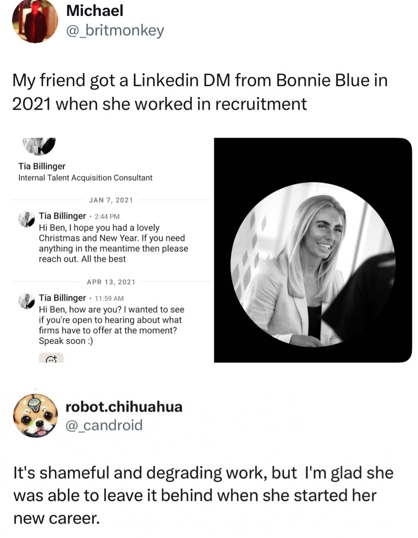 Social media post showing a LinkedIn DM from a recruiter, with a joke about her previous career.