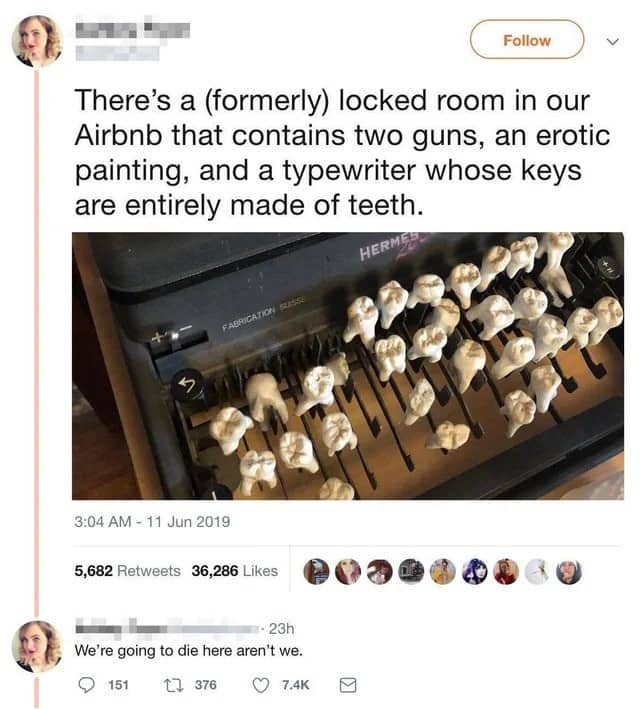 Twitter post showing a typewriter with keys made of human teeth found in an Airbnb.