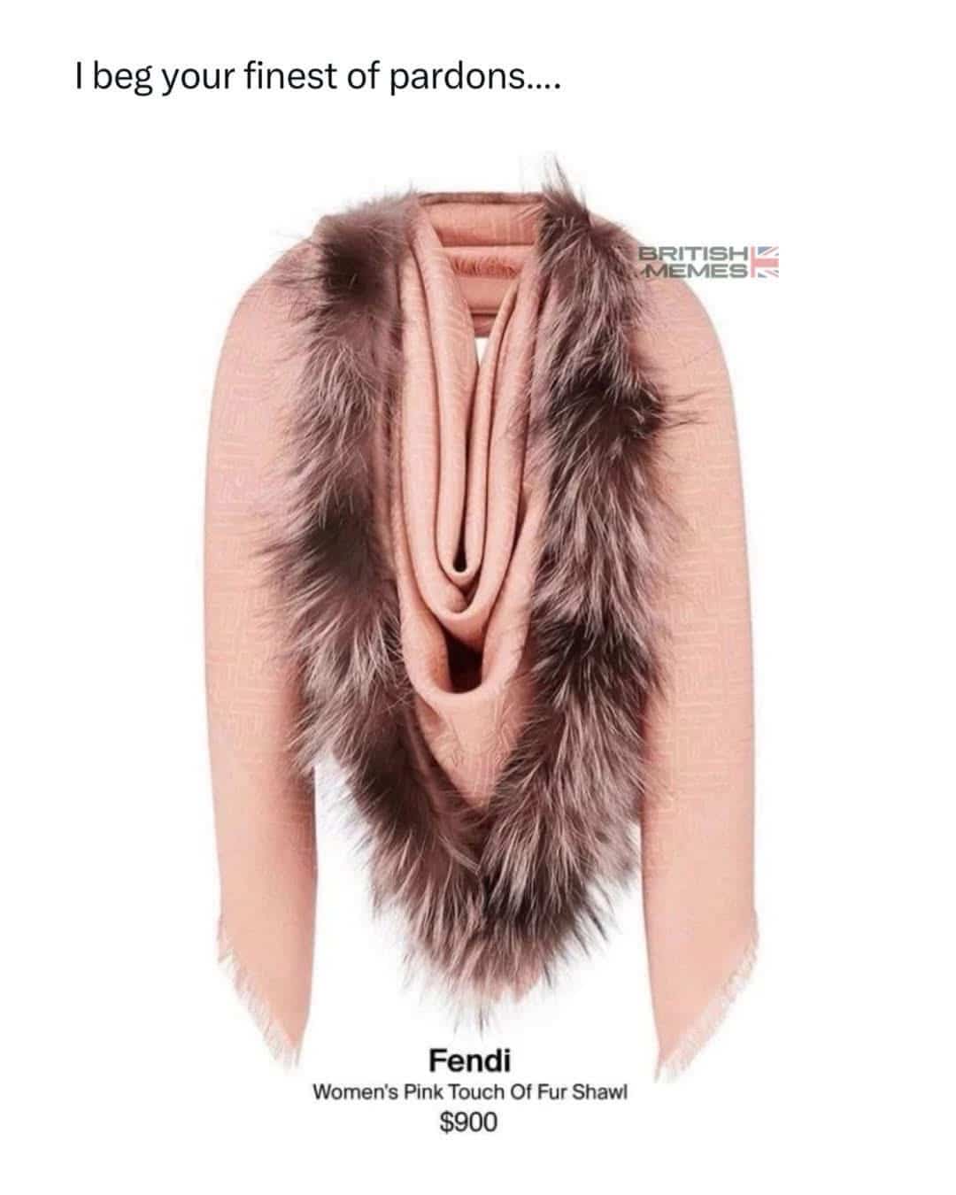 Product image of a Fendi pink touch of fur shawl with a humorous caption about its appearance.