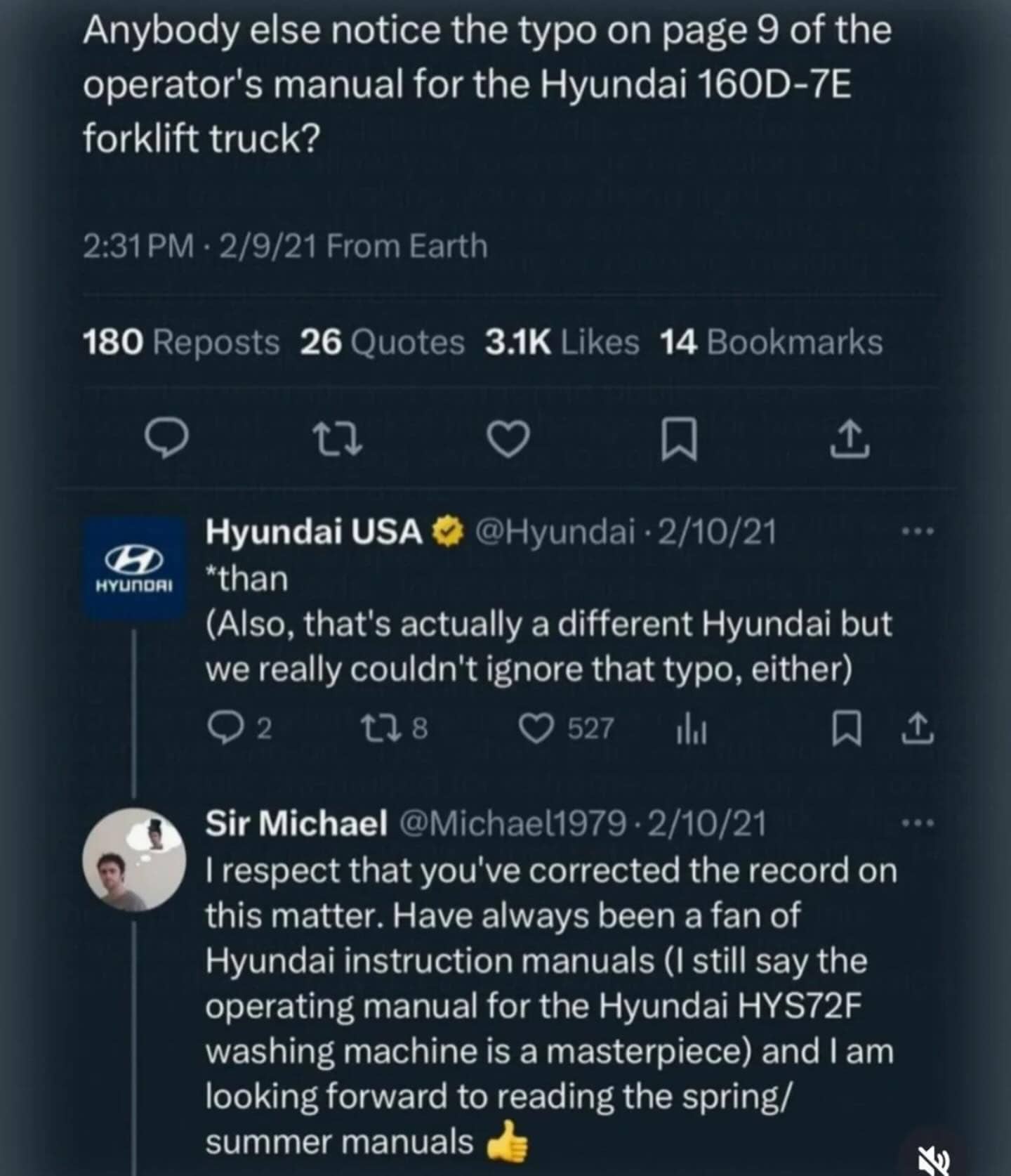Twitter thread showing Hyundai USA correcting a typo in a fan's post about forklift manuals.