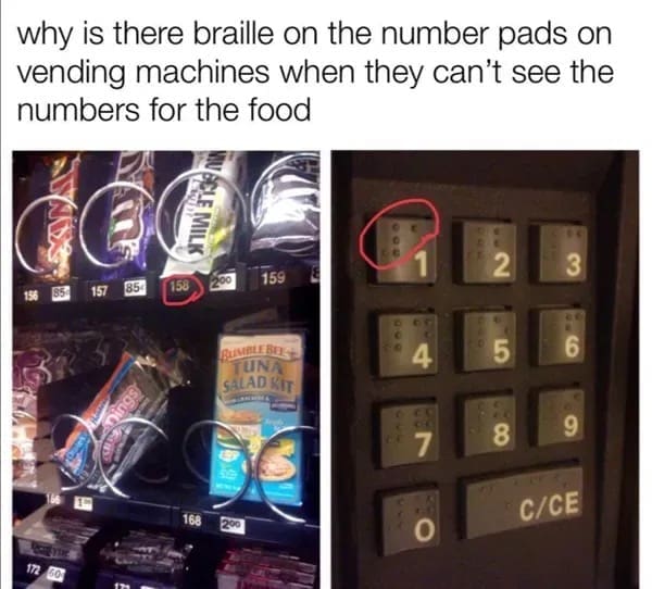 Vending machine number pad with braille, highlighting the irony of blind accessibility for visual food selection.