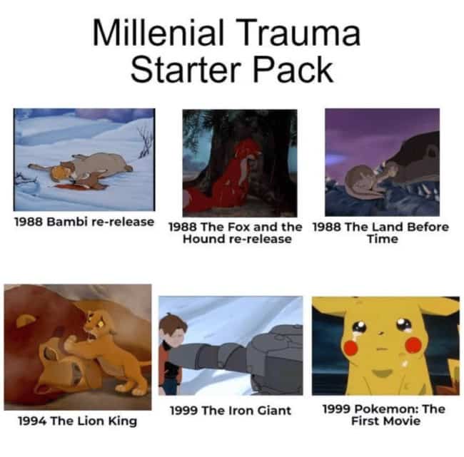 "Millennial Trauma Starter Pack" collage featuring sad scenes from Bambi, Lion King, and Pokemon.