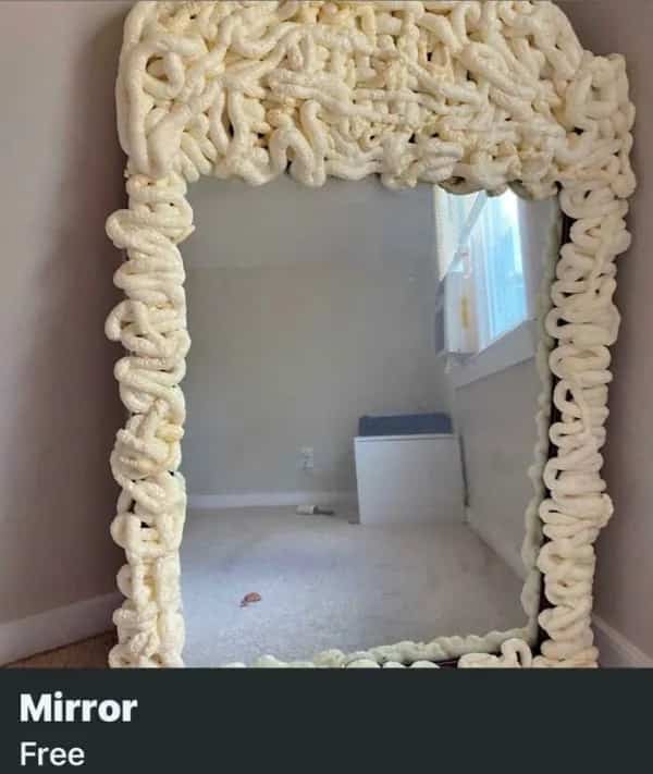 Marketplace listing shows mirror framed in spray foam, labeled Mirror free, funny memes