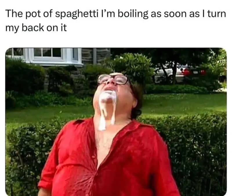 Man covered in foam dramatically representing spaghetti pot boiling over when unwatched