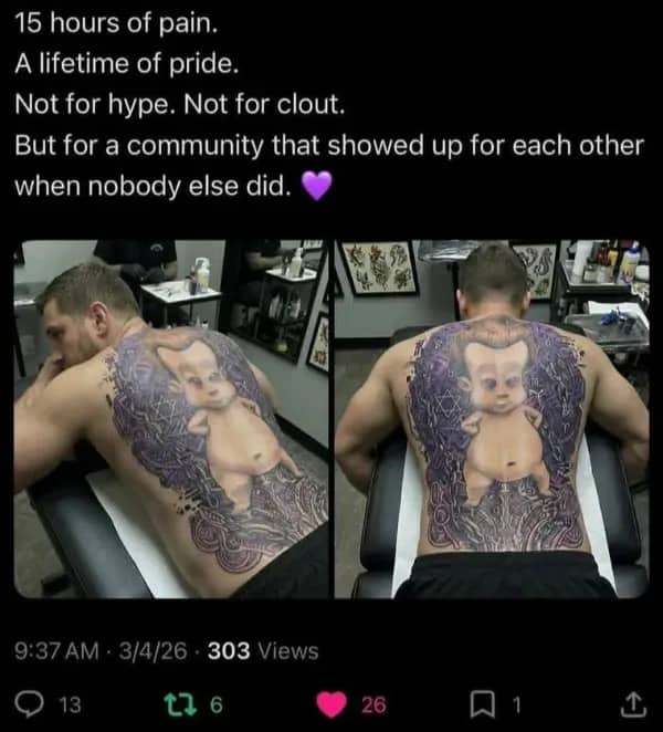 Full back tattoo of the baby character from the Jimmy Neutron series with intricate purple background.