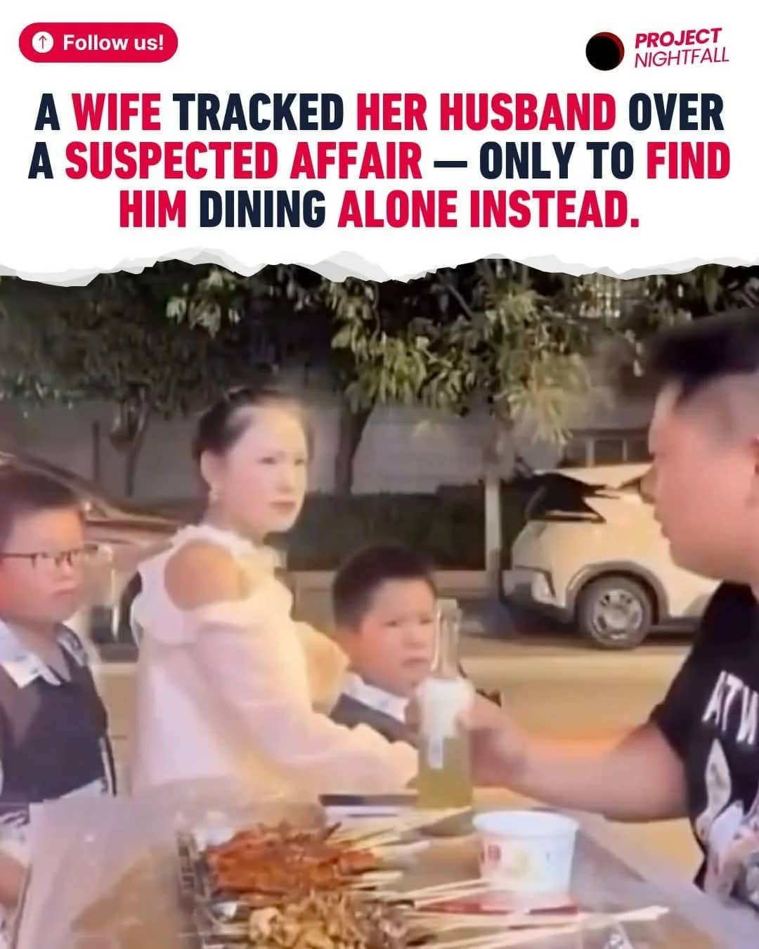 A news headline about a wife tracking her husband only to find him eating alone.