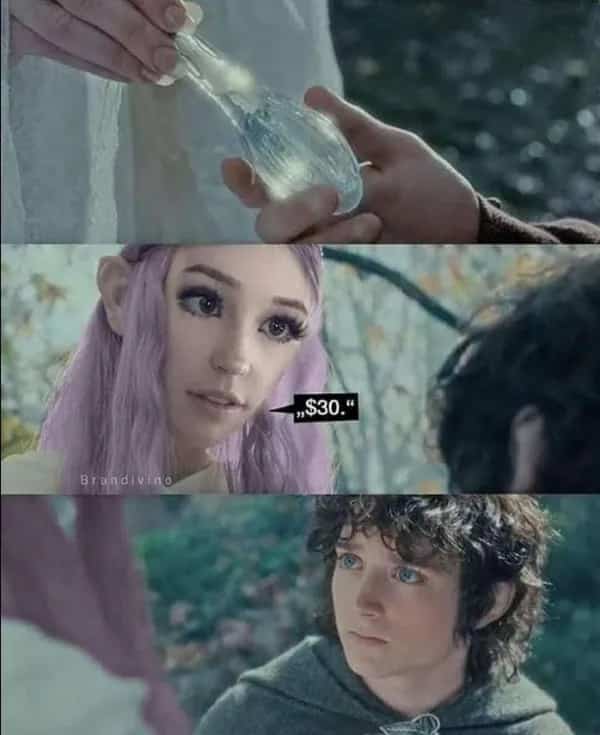 A Lord of the Rings meme featuring Belle Delphine as an elf selling bathwater.
