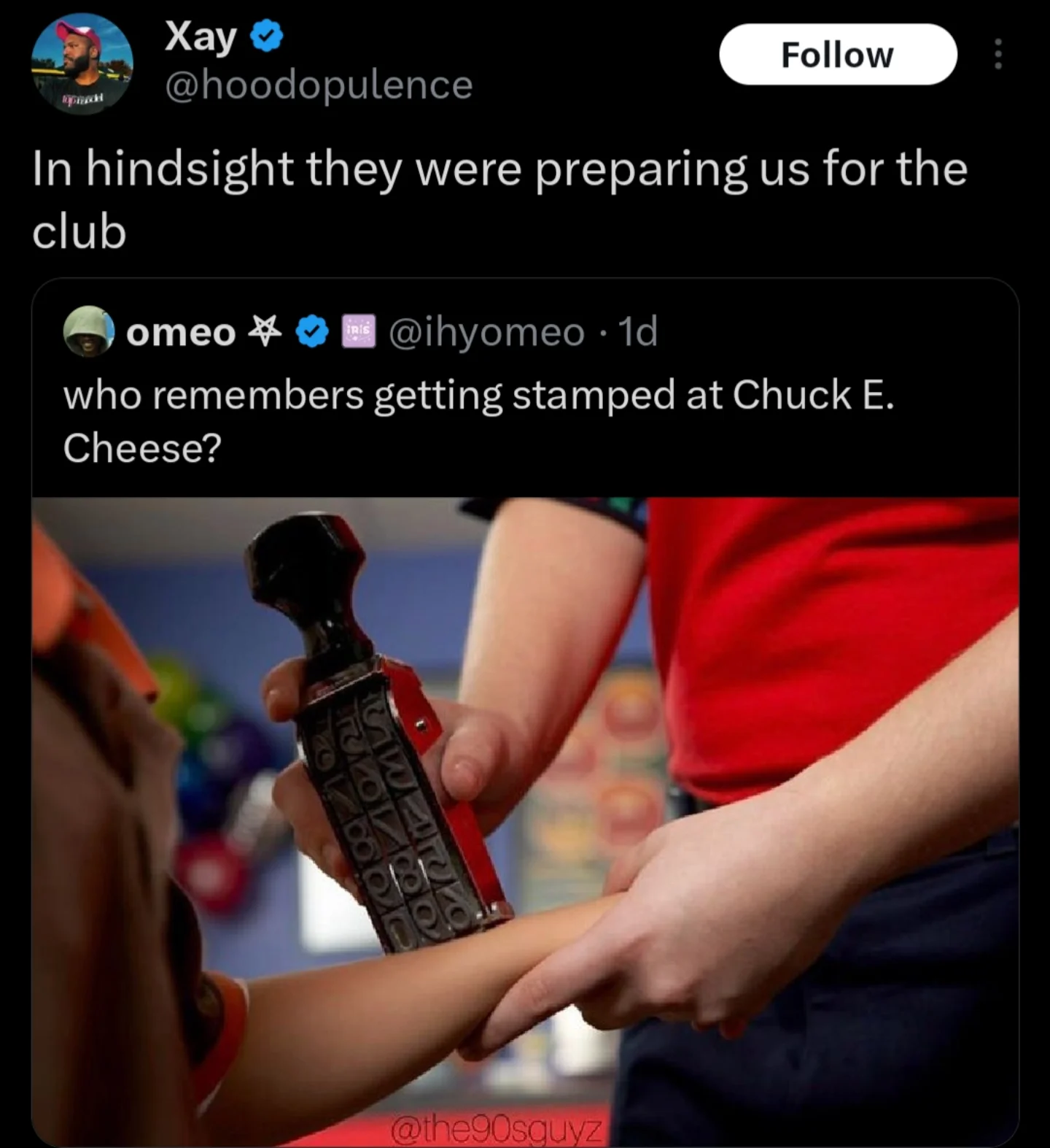 Comparison meme between getting a hand stamp at Chuck E. Cheese and entering a nightclub.