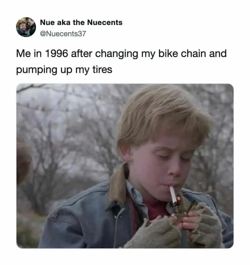Young boy from a movie lighting a cigarette with a joke about changing a bike chain.