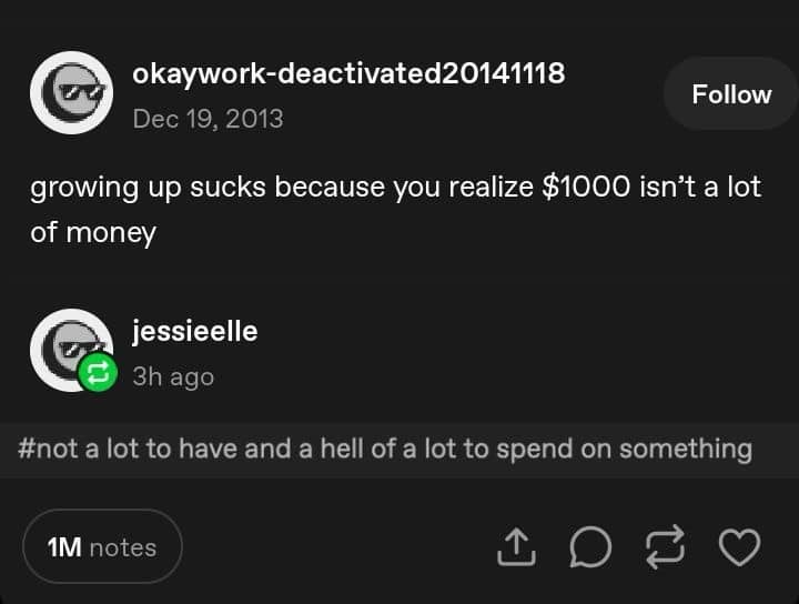 Tumblr post discussing how growing up makes you realize one thousand dollars is not much money.