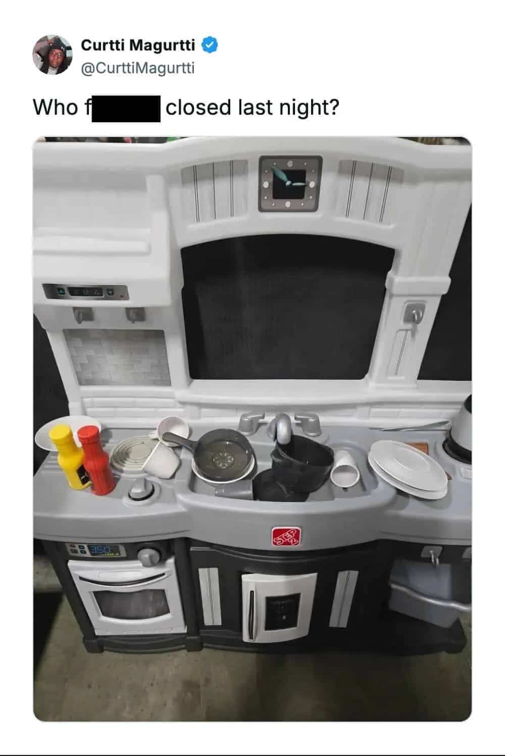 Messy toy kitchen set with a funny caption asking which employee failed to close properly.