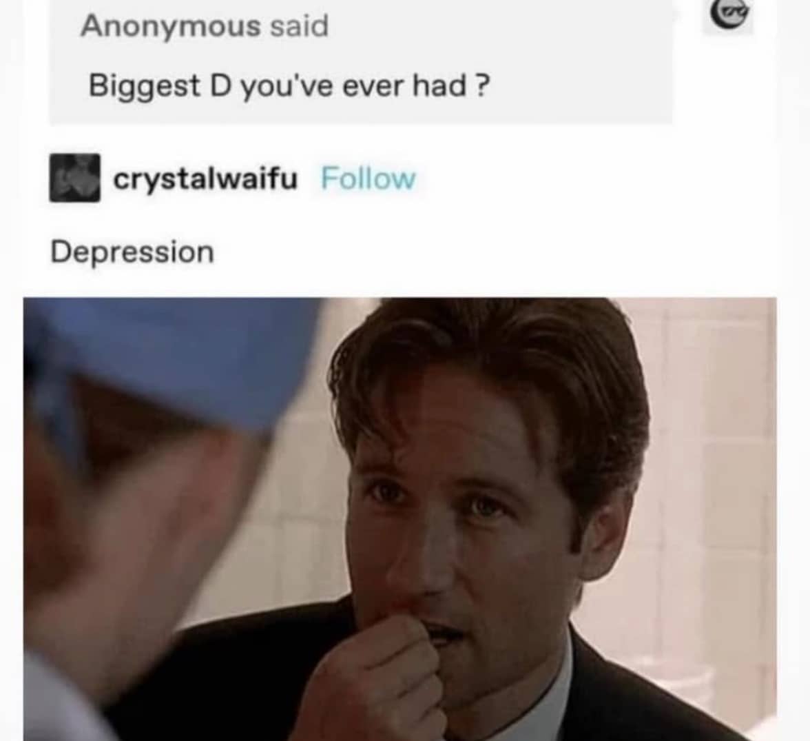 Tumblr thread featuring a subversion of a dirty question with the answer depression.