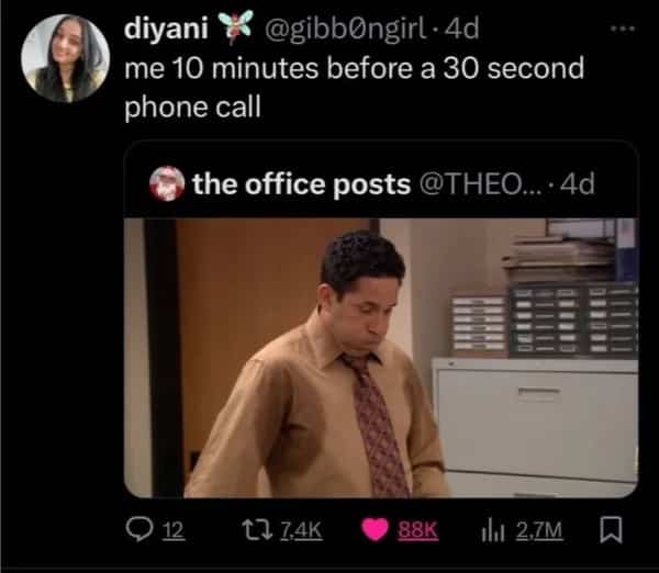 Tweet shows The Office clip captioned me 10 minutes before a 30 second call