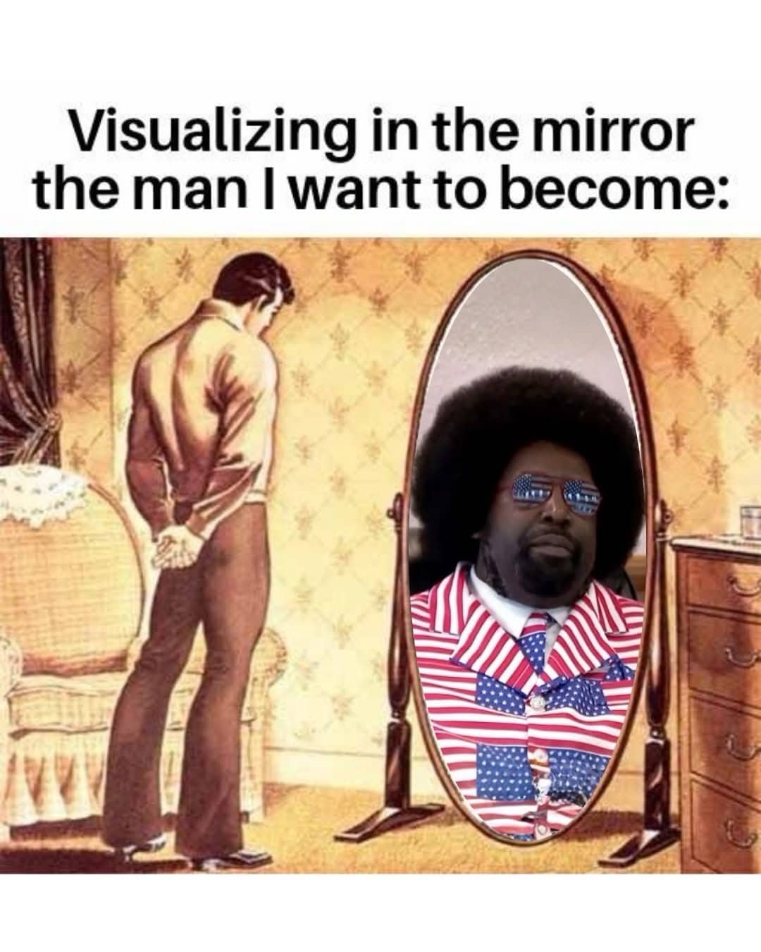 Vintage illustration of a man looking in a mirror and seeing a patriotically dressed man.