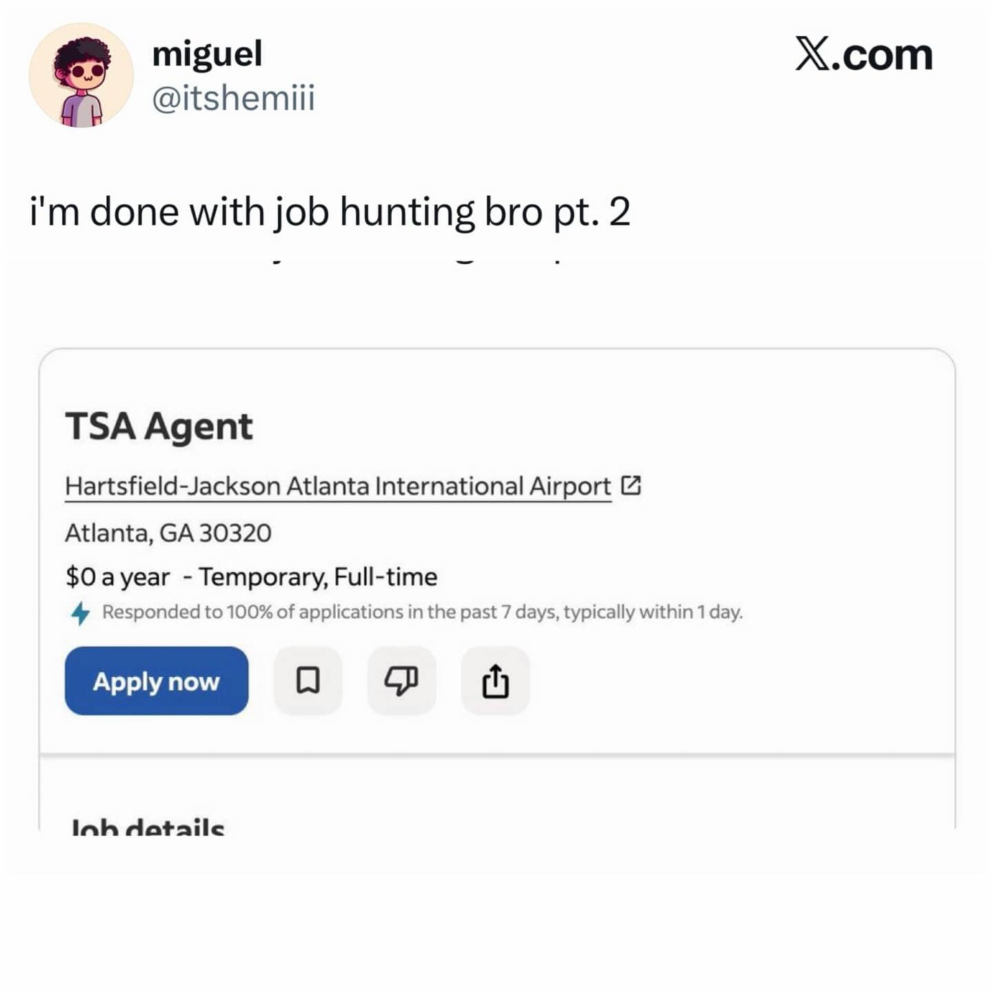 A job listing for a TSA Agent in Atlanta showing a yearly salary of zero dollars.