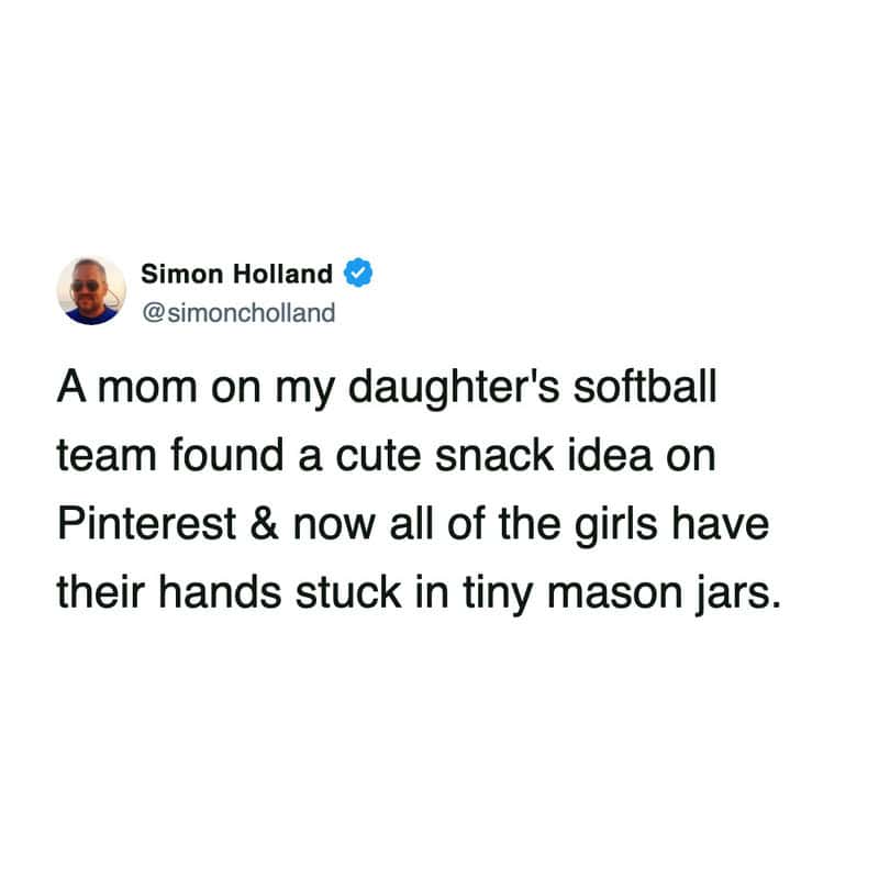 A hilarious funny parenting tweet sharing a massive Pinterest fail where a softball mom's cute snack idea results in the entire team getting their hands permanently stuck inside tiny mason jars in this chaotic tweet about kids in sports.