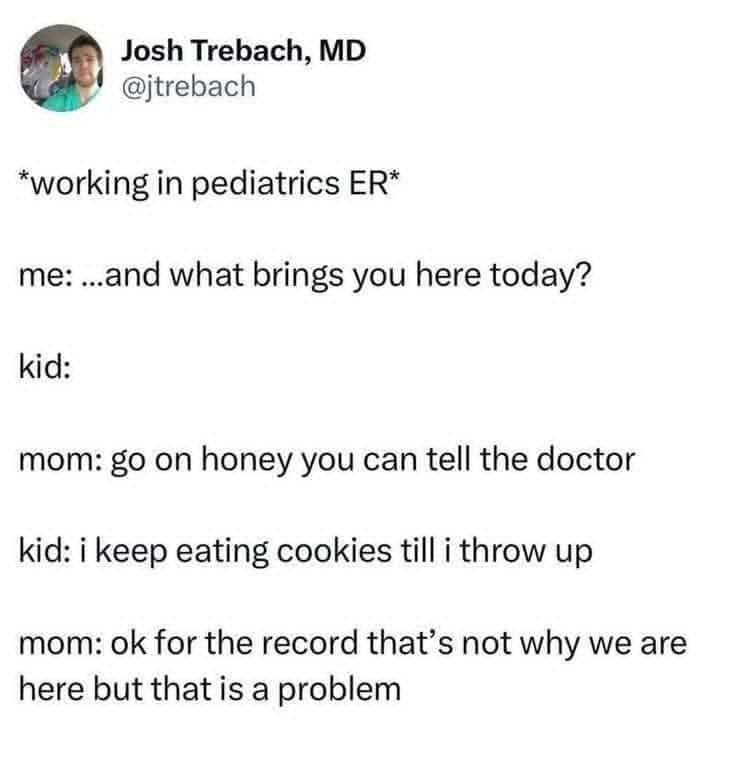 Relatable social media post from a doctor describing a funny interaction with a child patient.