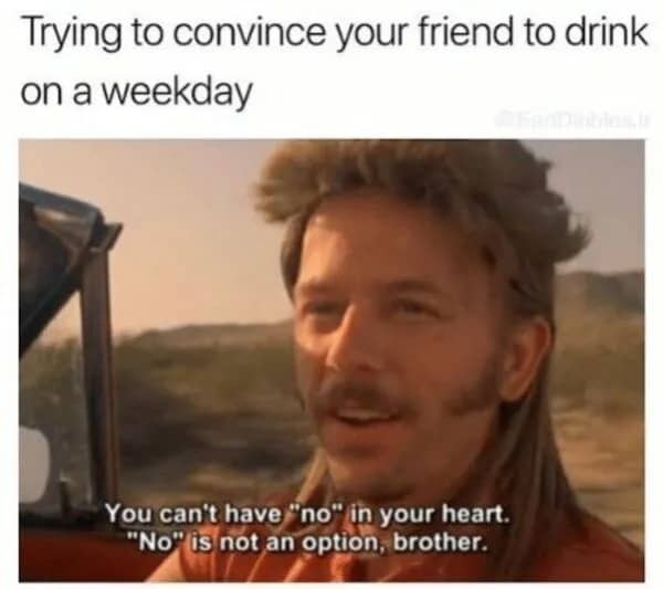 Joe Dirt movie meme with text about convincing a friend to drink on a weekday.