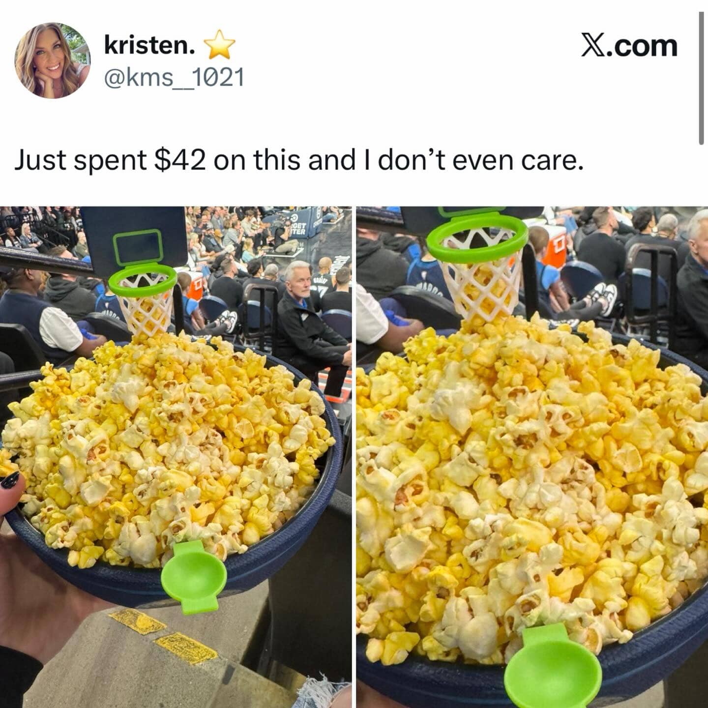 Large bowl of movie theater popcorn featuring a mini basketball hoop and launcher attachment.