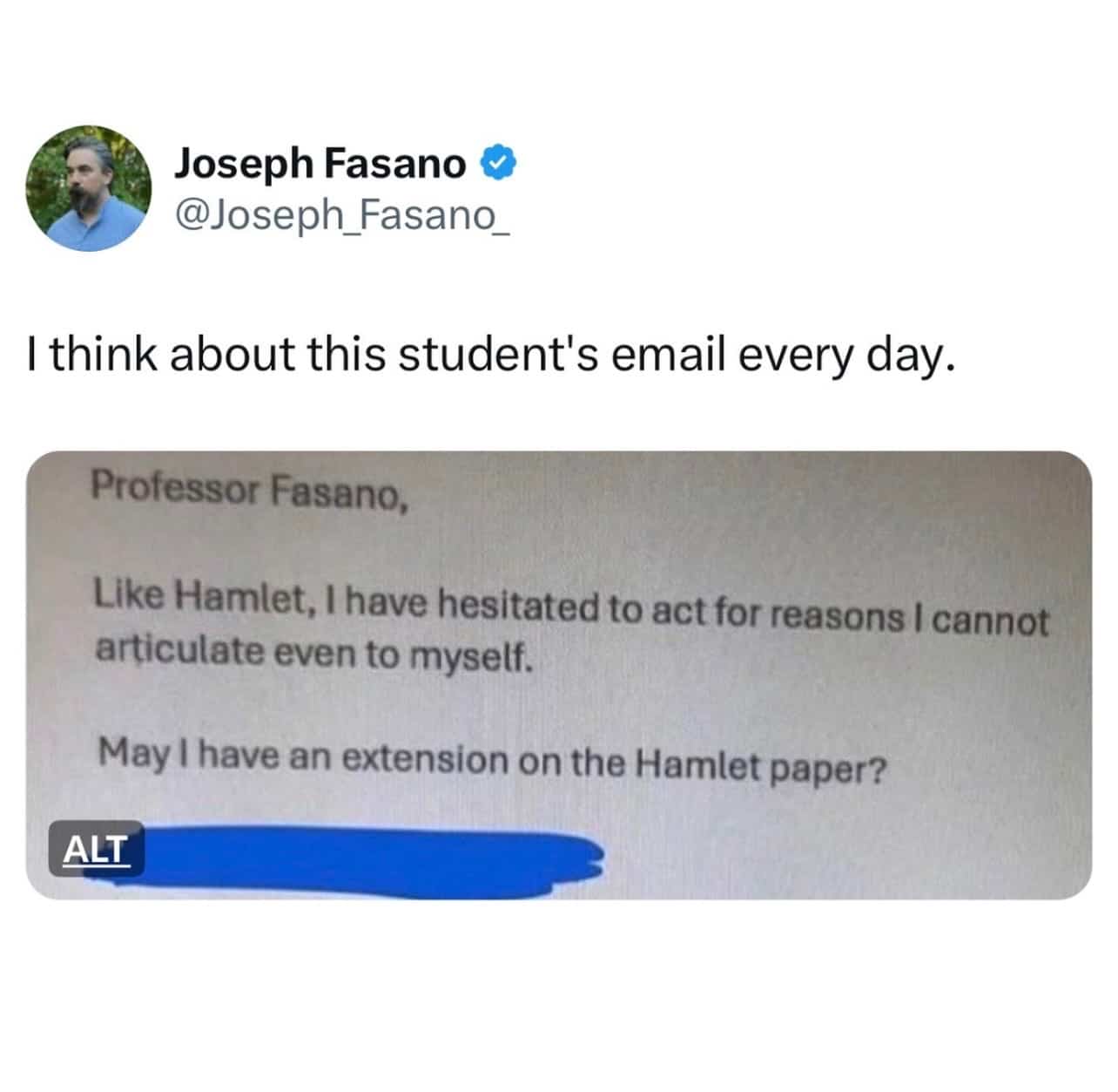 Funny email from a student using a Hamlet quote to request an extension on a paper.