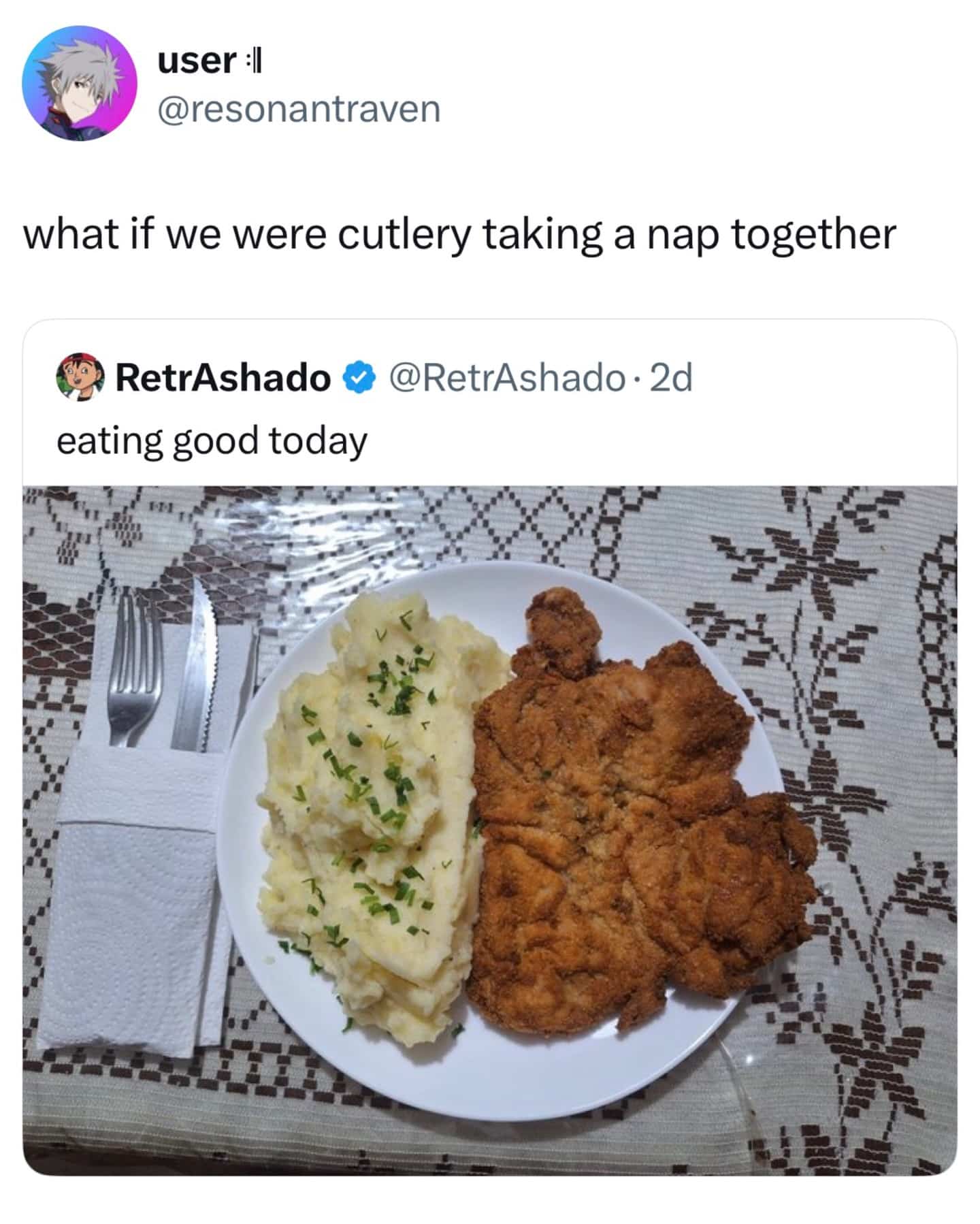 Food photo of a large schnitzel and mashed potatoes with a joke about cutlery napping.