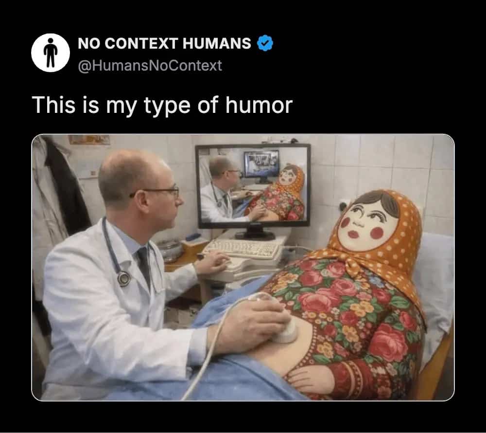 Humorous image of a doctor performing an ultrasound on a large Russian nesting doll patient.
